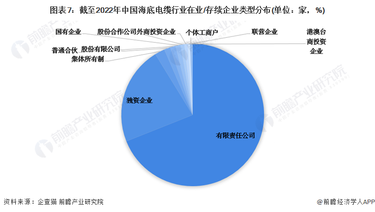 图表7：截至2022年中国海底电缆行业在业/存续企业类型分布(单位：家，%)