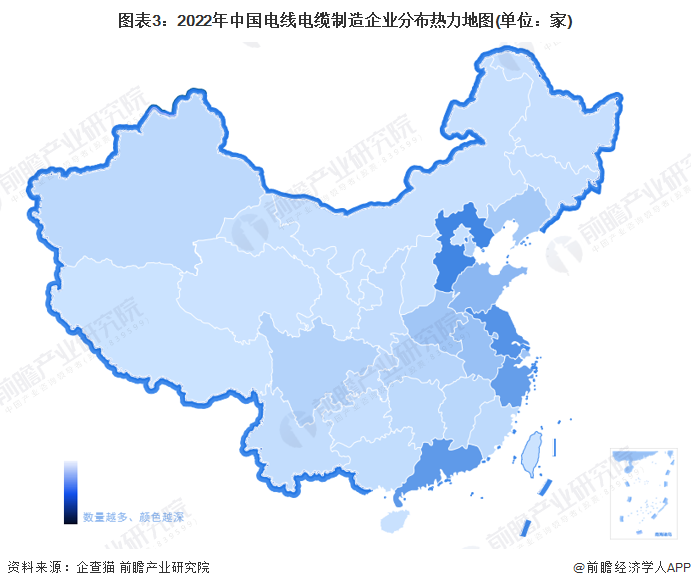 图表3：2022年中国电线电缆制造企业分布热力地图(单位：家)