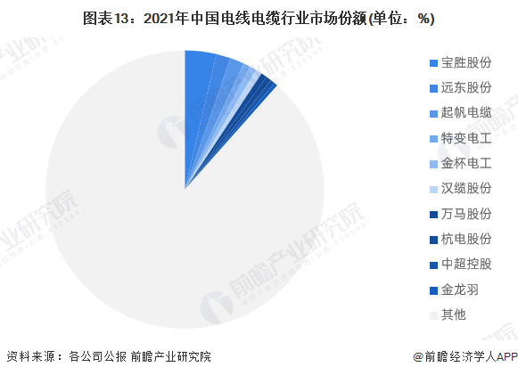 图表13：2021年中国电线电缆行业市场份额(单位：%)